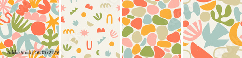 Abstract modern art seamless pattern set with colorful freehand doodles. Organic flat cartoon background collection, simple summer shapes in bright childish colors. 