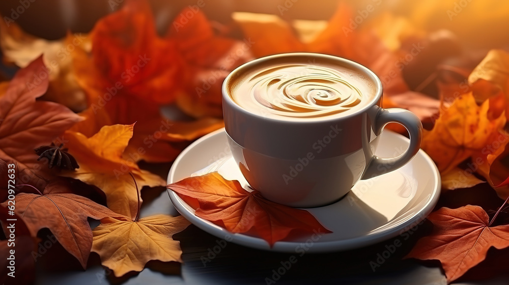 Cozy autumn morning with cup of coffee with cream and autumn leaves autumn. Generative Ai