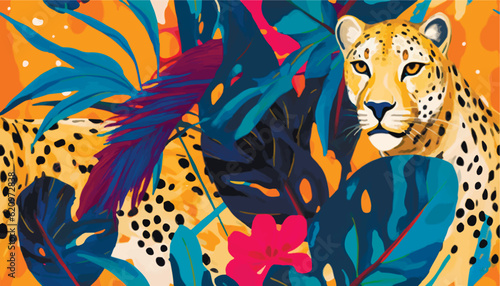 Creative contemporary collage with leopard and tropical plants. Fashionable template for design
