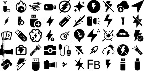 Mega Set Of Flash Icons Pack Hand-Drawn Linear Cartoon Silhouettes Electricity, Shiny, Icon, Lighting Silhouettes Isolated On Transparent Background