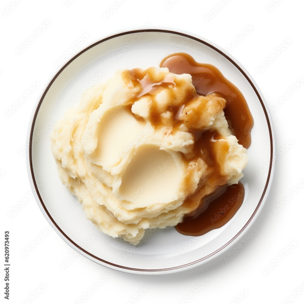 Mashed Potatoes and Gravy Isolated on a White Background 