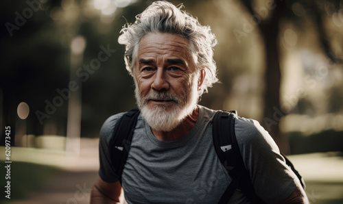 Senior male with grey hair jogging in a park, generative AI