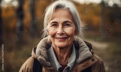 Retired and active, Mature woman smiling at the camera outdoors, generative AI