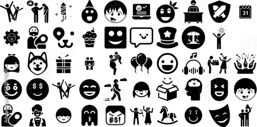 Big Collection Of Happy Icons Set Hand-Drawn Black Drawing Signs Sad, Symbol, Team, Icon Illustration For Apps And Websites