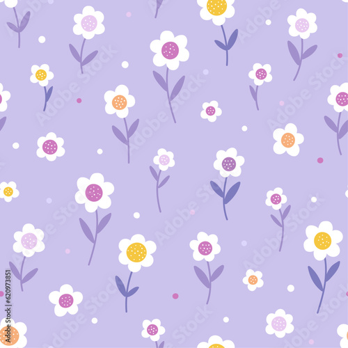 Seamless pattern with white flowers on violet background. Hand drawn texture for print, textile, packaging. Nursery decor.