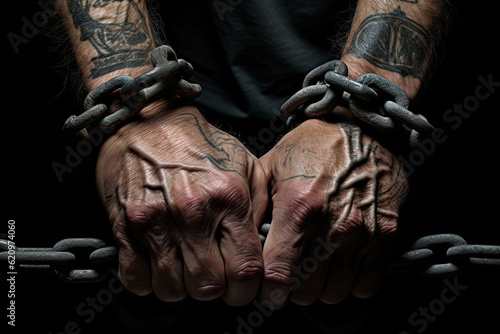 Hands in chains. Slavery, arrest, violence concept. Generative Ai © ArtmediaworX