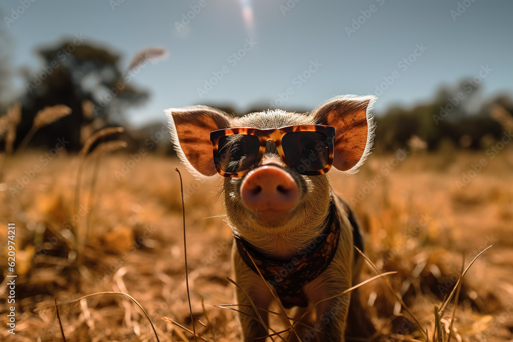 Little piglet with sunglasses in a meadow with lots of sunshine. Generative AI Little piglet with sunglasses in a meadow with lots of sunshine. Generative AI