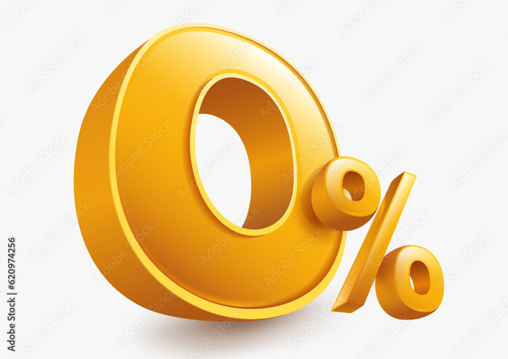 Golden yellow zero percent or 0% commission special offer isolated on white background. illustration vector file. - obrazy, fototapety, plakaty 