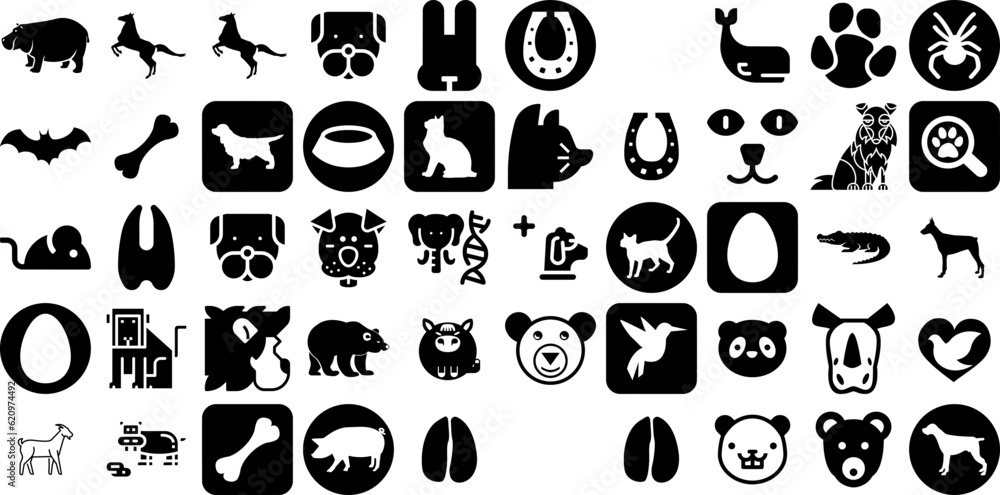 Huge Collection Of Mammal Icons Collection Hand-Drawn Linear Cartoon Symbol Face, Goat, Horn, Icon Doodle Vector Illustration