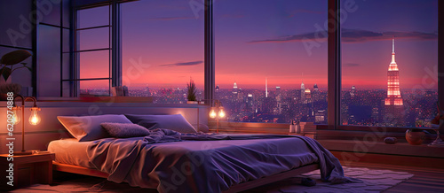 Illustration of a cozy modern high-rise penthouse apartment in New York with a cityscape view. The purple interior design is relaxing and chic.