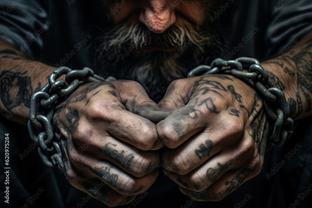 Hands in chains. Slavery, arrest, violence concept. Generative Ai Hands in chains. Slavery, arrest, violence concept. Generative Ai