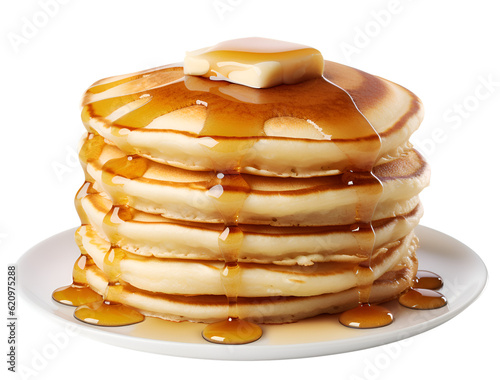 stack of pancake with honey syrup on the white plate on isolated transparent background photo