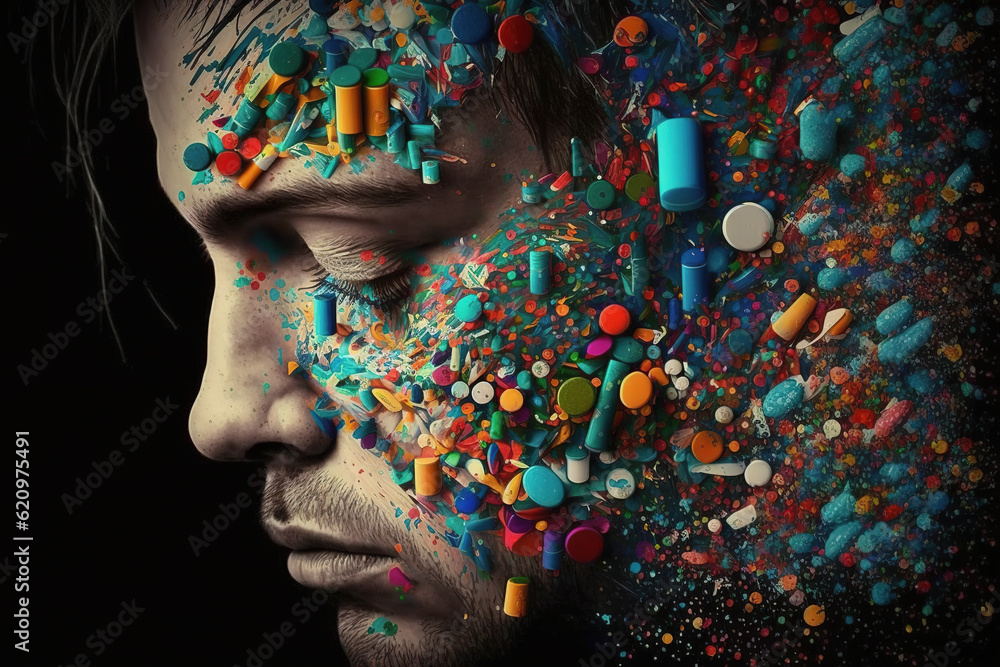 Addiction to pills is an addiction in which the person concerned is dependent on a specific medication. This is usually a prescription pain reliever, tranquilizer, or a tranquilizer originally intende - obrazy, fototapety, plakaty 