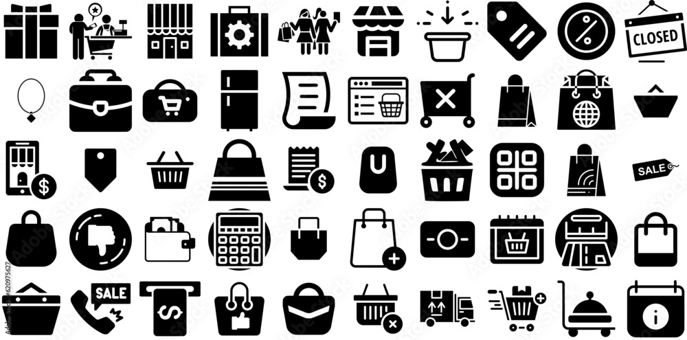 Mega Collection Of Shopping Icons Pack Hand-Drawn Isolated Infographic Symbols Goodie, Shopping Centre, Purchase, Mark Glyphs Isolated On Transparent Background