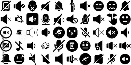 Huge Set Of Silent Icons Set Hand-Drawn Linear Modern Signs Mute, Public, Red, Silence Symbol Isolated On White Background