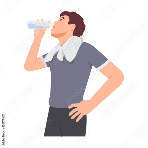 Healthy man drinking water from bottle vector. Thirsty male character from exercise. vector illustration Isolated on white background.