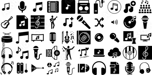 Big Set Of Song Icons Collection Hand-Drawn Isolated Concept Signs Party, Multimedia, Interface, Sound Doodle Isolated On Transparent Background