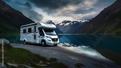 Camper parked at a Lake, mountains in background, Scandinavian