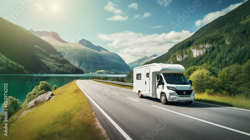 Traveling with Camper Motor home RV, road, mountains, rural, Lake