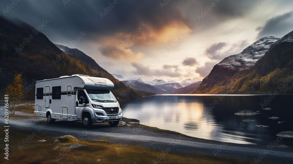 Camper at a Lake, mountains in background, Scandinavian