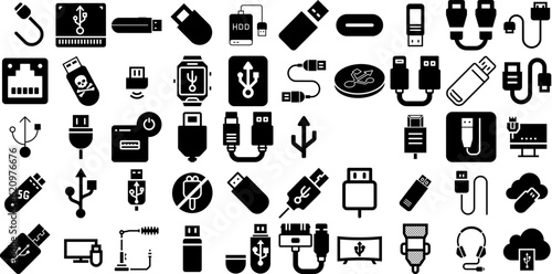Big Collection Of Usb Icons Pack Flat Infographic Silhouette Set, Icon, Symbol, Adapter Doodle Vector Illustration