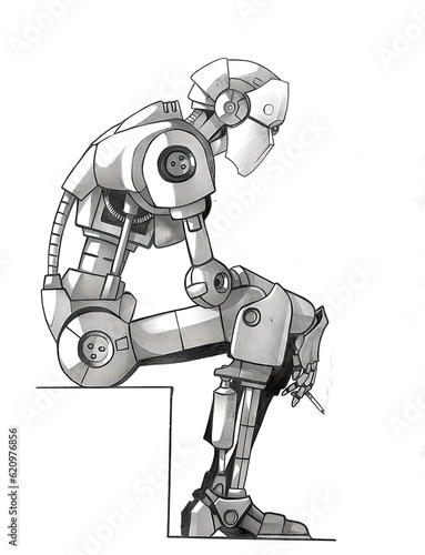 sad and smoking robot sitting down