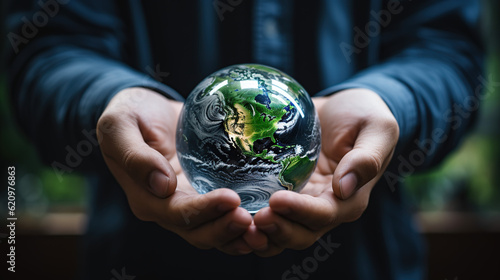 The hands holding the Earth and the icon of reuse reduce recycle and refuse in the Zero waste concept and care, saving and renewable for the environment sustainability. save earth concept, globe, eart