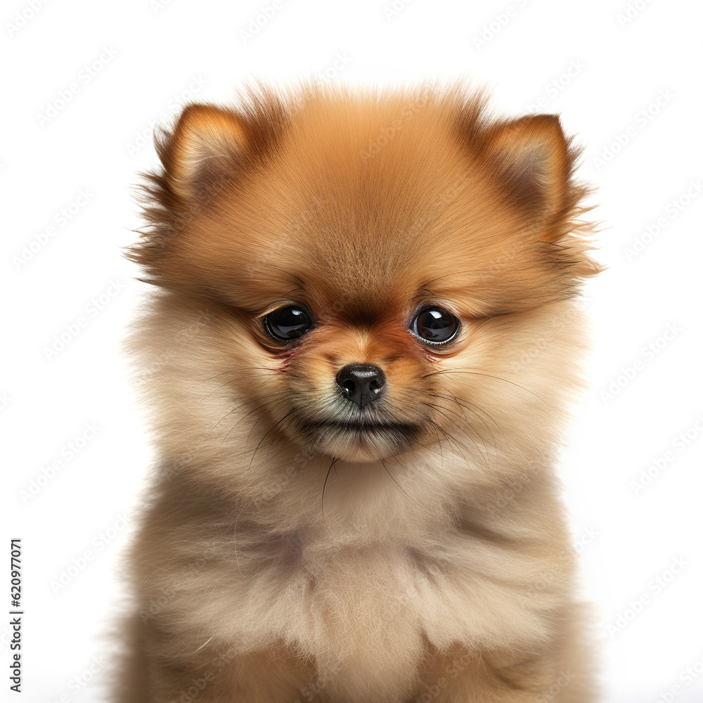 Portrait of a pomeranian puppy isolated on white background