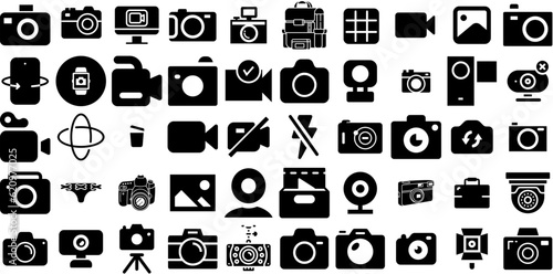 Big Collection Of Camera Icons Bundle Linear Design Signs Camcorder, Photo Camera, Silhouette, Tool Doodles For Apps And Websites photo