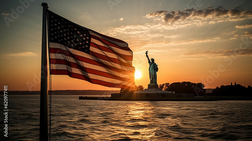 american flag and Statue of Liberty in the background