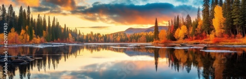 Beautiful autumn landscape. Colorful seasonal autumn background, wallpaper. Generative AI
