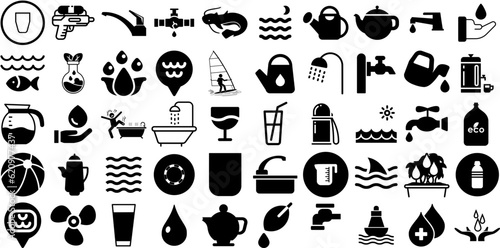 Massive Set Of Water Icons Set Hand-Drawn Linear Modern Symbols Bathing, Wind, Tool, Yacht Buttons For Computer And Mobile