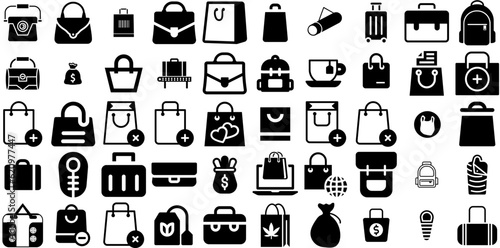 Big Collection Of Bag Icons Bundle Solid Concept Signs Goodie, Finance, Silhouette, Investment Buttons Isolated On White Background