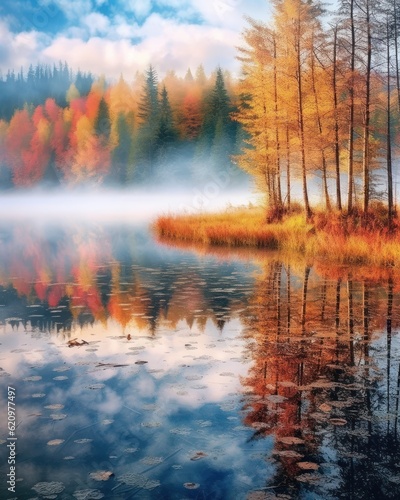 Beautiful autumn landscape. Colorful seasonal autumn background, wallpaper. Generative AI