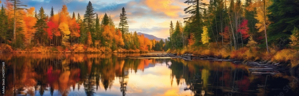 Beautiful autumn landscape. Colorful seasonal autumn background, wallpaper. Generative AI