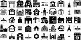 Massive Set Of Building Icons Pack Hand-Drawn Isolated Drawing Web Icon Silhouette, Contractor, Church, Heavy Signs Isolated On Transparent Background
