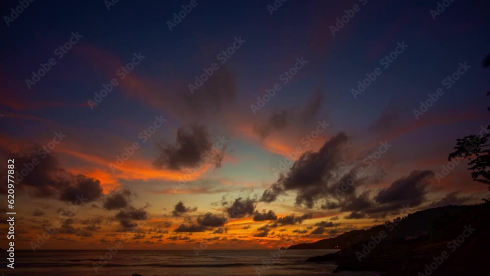 .Time lapse exotic colorful sky in bright sunset at Patong beach Phuket..Scene of colorful romantic sky of sunset. Gradient color Sky texture..amazing sky of bright sunset in nature and travel concept