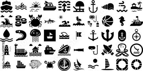 Mega Set Of Sea Icons Bundle Linear Design Silhouettes Creature  Tortoise  Icon  Anchor Pictograph Isolated On Transparent Background