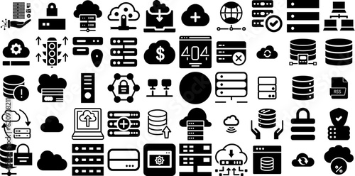 Big Set Of Server Icons Collection Hand-Drawn Black Modern Glyphs Together, Symbol, Hosting, Icon Doodles Vector Illustration