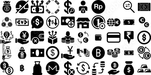 Mega Set Of Currency Icons Set Hand-Drawn Linear Cartoon Symbol Finance, Icon, Credit, Coin Pictogram Vector Illustration