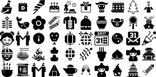 Big Set Of Year Icons Collection Solid Design Symbol Silhouette, Chinese, Character, Icon Glyphs Isolated On White Background