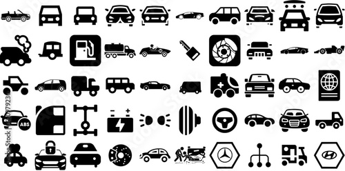 Big Collection Of Car Icons Set Solid Drawing Symbols Yacht, Mark, Slow, Laundered Glyphs Isolated On Transparent Background