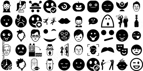 Huge Collection Of Face Icons Set Hand-Drawn Linear Design Clip Art Farm Animal, Silhouette, Laundered, Profile Silhouettes Isolated On White Background