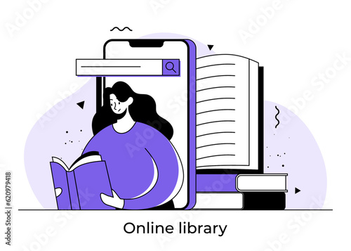 Online library concept flat illustration, Media book library, Female character reading books, Online book store, Reader app, Education, Digital bookshelf, Graduate online schools

