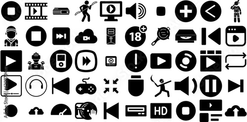 Massive Collection Of Player Icons Bundle Solid Cartoon Elements Icon, Us, Mp3, Badge Glyphs Isolated On White Background