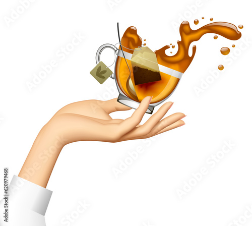Female hand palm up and flying transparent glass cup with tea splashes isolated on white. Vector illustration