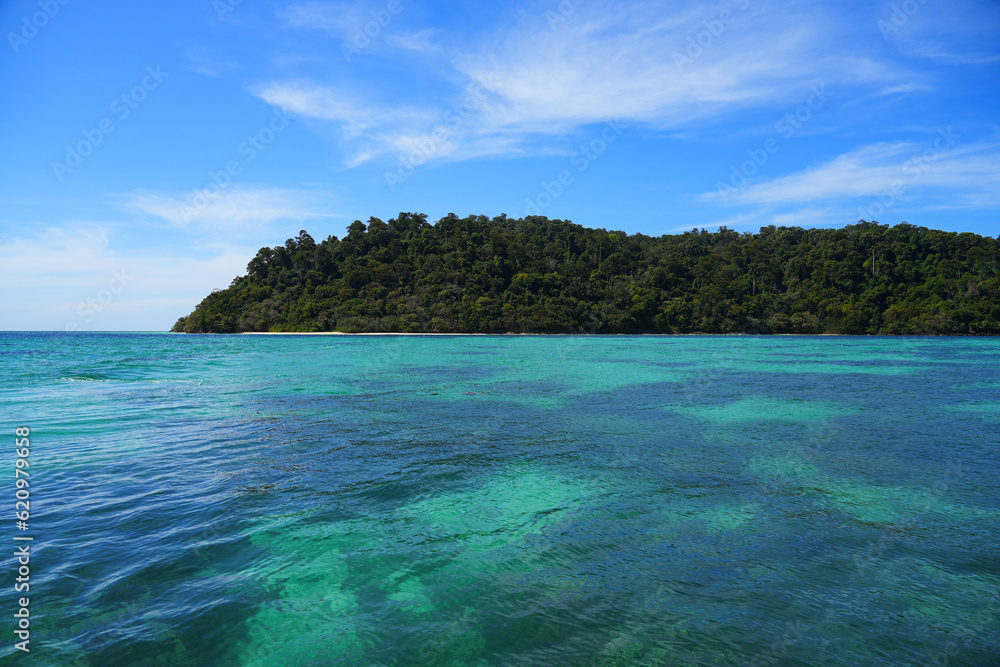 Beautiful beach with turquoise transparent waters on Koh Rok island (Ko Rok Noi) in Mu Ko Lanta National Park in the Andaman Sea, Krabi Province, Thailand