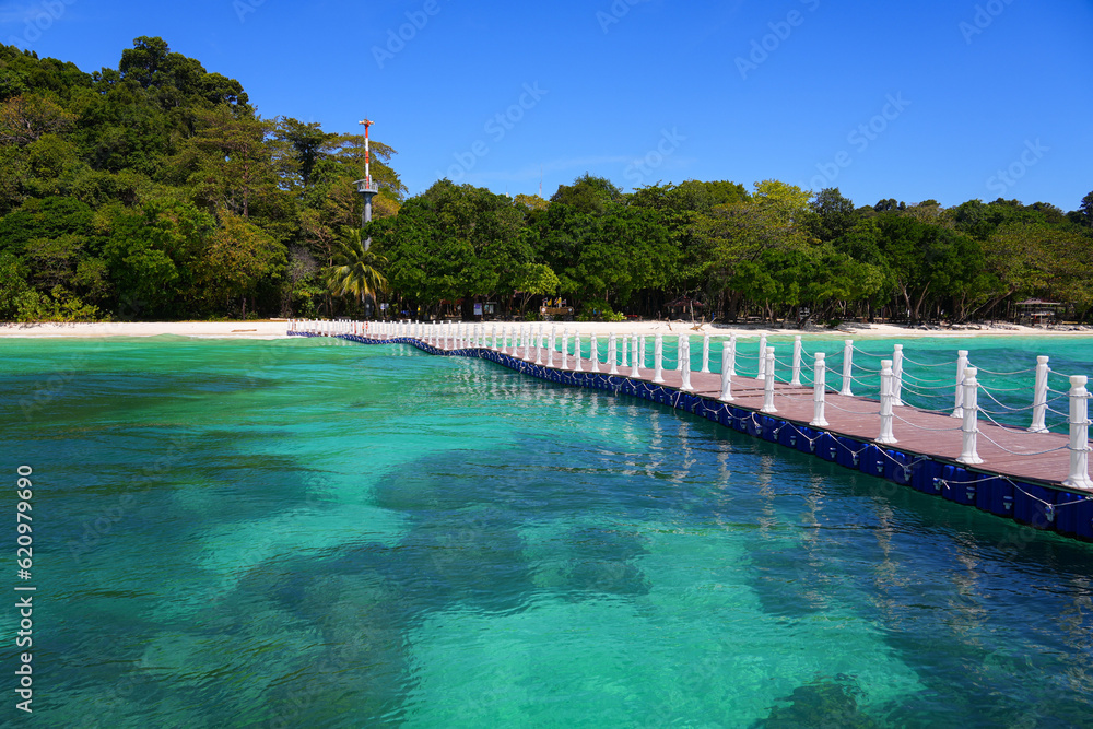 Floating pontoon on a beautiful beach with turquoise transparent waters on Koh Rok island (Ko Rok Yai) in Mu Ko Lanta National Park in the Andaman Sea, Krabi Province, Thailand