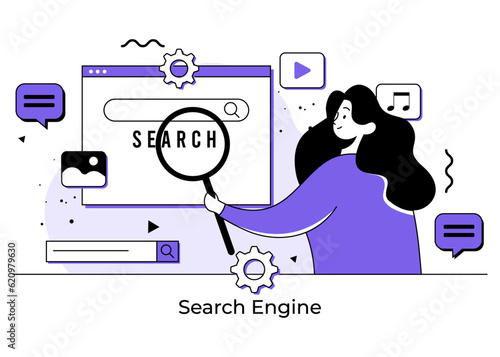 Search engine concept with woman holding magnifying glass flat illustration, SEO search engine optimization, Browser window, Target online audience with digital marketing strategy, Content marketing