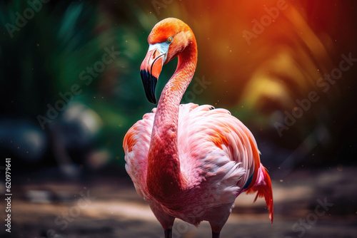 Flamingo on a safari, pink with other vibrant colors. AI generated